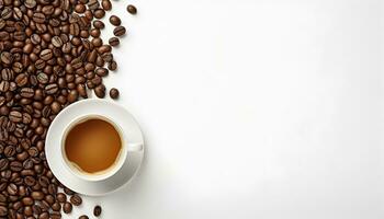 cup of black coffee with coffee beans, top view isolated on a transparent background photo