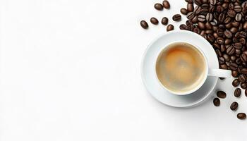 cup of black coffee with coffee beans, top view isolated on a transparent background photo