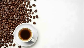 cup of black coffee with coffee beans, top view isolated on a transparent background photo