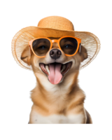 close-up photo of a happy dog wearing a summer hat and cool looking glasses isolated on a transparent background png