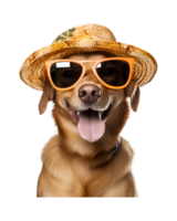 close-up photo of a happy dog wearing a summer hat and cool looking glasses isolated on a transparent background png