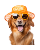 Nahansicht Foto von ein glücklich Hund tragen ein Sommer- Hut und cool suchen Brille isoliert auf ein transparent Hintergrund png