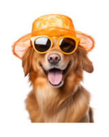 fermer photo de une content chien portant une été chapeau et cool à la recherche des lunettes isolé sur une transparent Contexte png