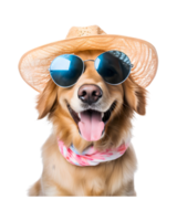 close-up photo of a happy dog wearing a summer hat and cool looking glasses isolated on a transparent background png