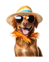 close-up photo of a happy dog wearing a summer hat and cool looking glasses isolated on a transparent background png