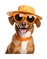 close-up photo of a happy dog wearing a summer hat and cool looking glasses isolated on a transparent background png