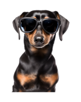 close-up photo of a happy dog wearing cool looking glasses isolated on a transparent background png