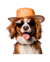 avvicinamento foto di un' contento cane indossare un' estate cappello e freddo guardare bicchieri isolato su un' trasparente sfondo png