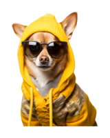 cute dog portrait posing like a model wearing a jacket and glasses isolated on a transparent background png