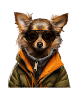 une cool à la recherche chien portant des lunettes et mode vêtements pose comme une modèle isolé sur une transparent Contexte png