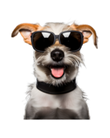 close-up photo of a happy dog wearing cool looking glasses isolated on a transparent background png