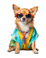 A cool looking dog wearing glasses and fashion clothes poses like a model isolated on a transparent background png