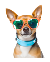 fechar-se foto do uma feliz cachorro vestindo legal olhando óculos isolado em uma transparente fundo png