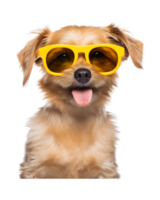 close-up photo of a happy dog wearing cool looking glasses isolated on a transparent background png