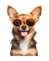 fechar-se foto do uma feliz cachorro vestindo legal olhando óculos isolado em uma transparente fundo png