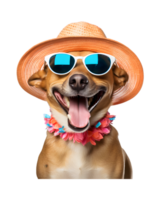 fermer photo de une content chien portant une été chapeau et cool à la recherche des lunettes isolé sur une transparent Contexte png