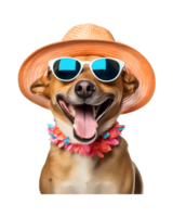 close-up photo of a happy dog wearing a summer hat and cool looking glasses isolated on a transparent background png