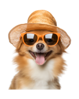 close-up photo of a happy dog wearing a summer hat and cool looking glasses isolated on a transparent background png