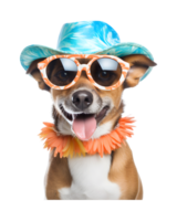 close-up photo of a happy dog wearing a summer hat and cool looking glasses isolated on a transparent background png