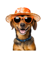 avvicinamento foto di un' contento cane indossare un' estate cappello e freddo guardare bicchieri isolato su un' trasparente sfondo png