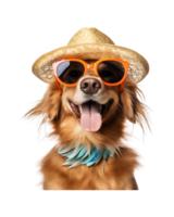 close-up photo of a happy dog wearing a summer hat and cool looking glasses isolated on a transparent background png