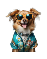 A cool looking dog wearing glasses and fashion clothes poses like a model isolated on a transparent background png