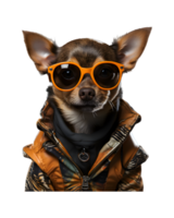 en Häftigt ser hund bär glasögon och mode kläder poser tycka om en modell isolerat på en transparent bakgrund png