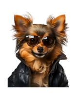 un' freddo guardare cane indossare bicchieri e moda Abiti pose piace un' modello isolato su un' trasparente sfondo png
