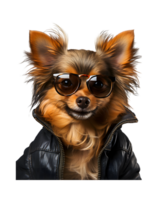 A cool looking dog wearing glasses and fashion clothes poses like a model isolated on a transparent background png