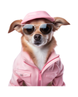 cute dog portrait posing like a model wearing a jacket and glasses isolated on a transparent background png