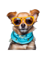 A cool looking dog wearing glasses and fashion clothes poses like a model isolated on a transparent background png