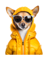 cute dog portrait posing like a model wearing a jacket and glasses isolated on a transparent background png