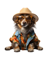 A cool looking dog wearing glasses and fashion clothes poses like a model isolated on a transparent background png
