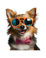 A cool looking dog wearing glasses and fashion clothes poses like a model isolated on a transparent background png