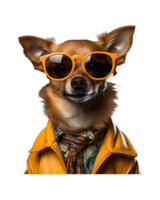 A cool looking dog wearing glasses and fashion clothes poses like a model isolated on a transparent background png