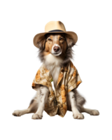 A cool looking dog wearing glasses and fashion clothes poses like a model isolated on a transparent background png