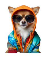 cute dog portrait posing like a model wearing a jacket and glasses isolated on a transparent background png