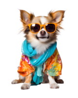 A cool looking dog wearing glasses and fashion clothes poses like a model isolated on a transparent background png