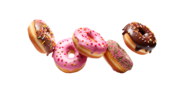 assorted donut flying isolated on a transparent background png