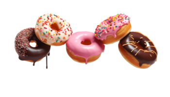 assorted donut flying isolated on a transparent background png