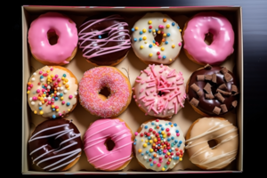 assorted different colorful donut in a box. top view png