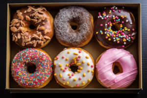 assorted different colorful donut in a box. top view png