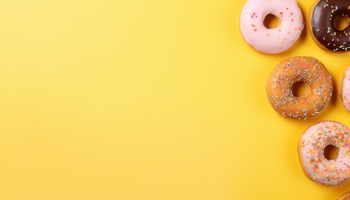 Some donut on the left, light yellow background, with copy space, top view png