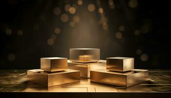 empty glowing golden podium for product presentation, podium for new product, promotion, and advertising photo