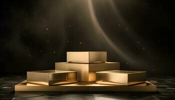 empty glowing golden podium for product presentation, podium for new product, promotion, and advertising photo