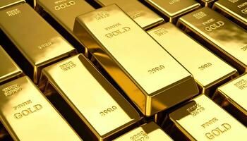 Close-up view of rows of shiny gold bars, concept of banking, finance, and ultimate wealth photo