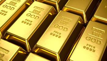 Close-up view of rows of shiny gold bars, concept of banking, finance, and ultimate wealth photo