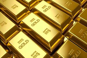 Close-up view of rows of shiny gold bars, concept of banking, finance, and ultimate wealth photo
