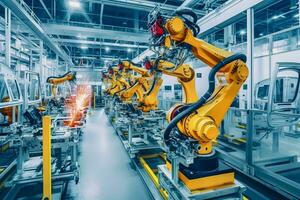 industrial soldadura robótico brazo en producción línea fabricación planta, automatizado robot brazo montaje línea fabricación foto
