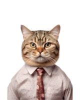 close-up photo of a fat cat wearing an office uniform shirt isolated on a transparent background png